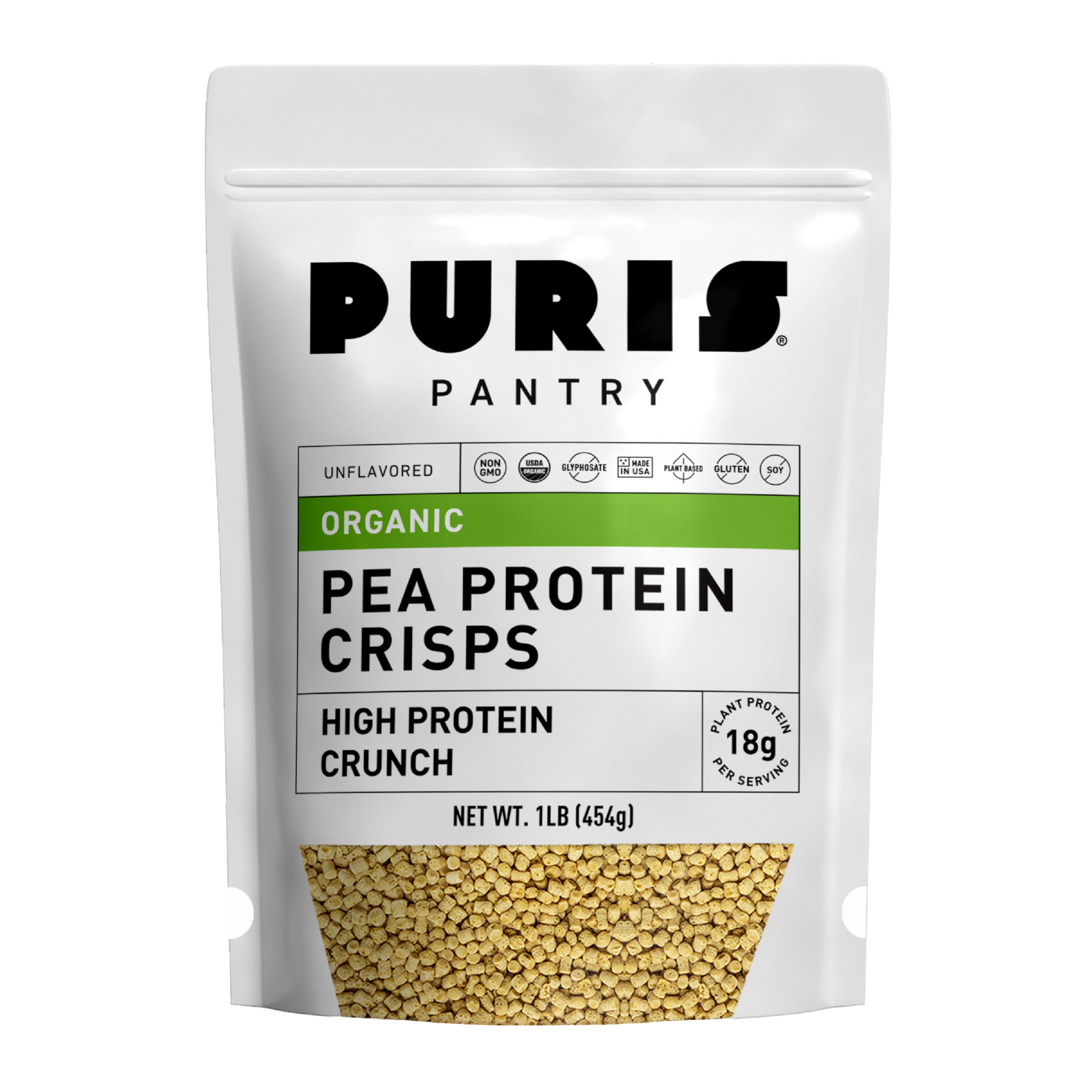 PURIS paquete frontal mostrando crujientes y beneficio proteína alta