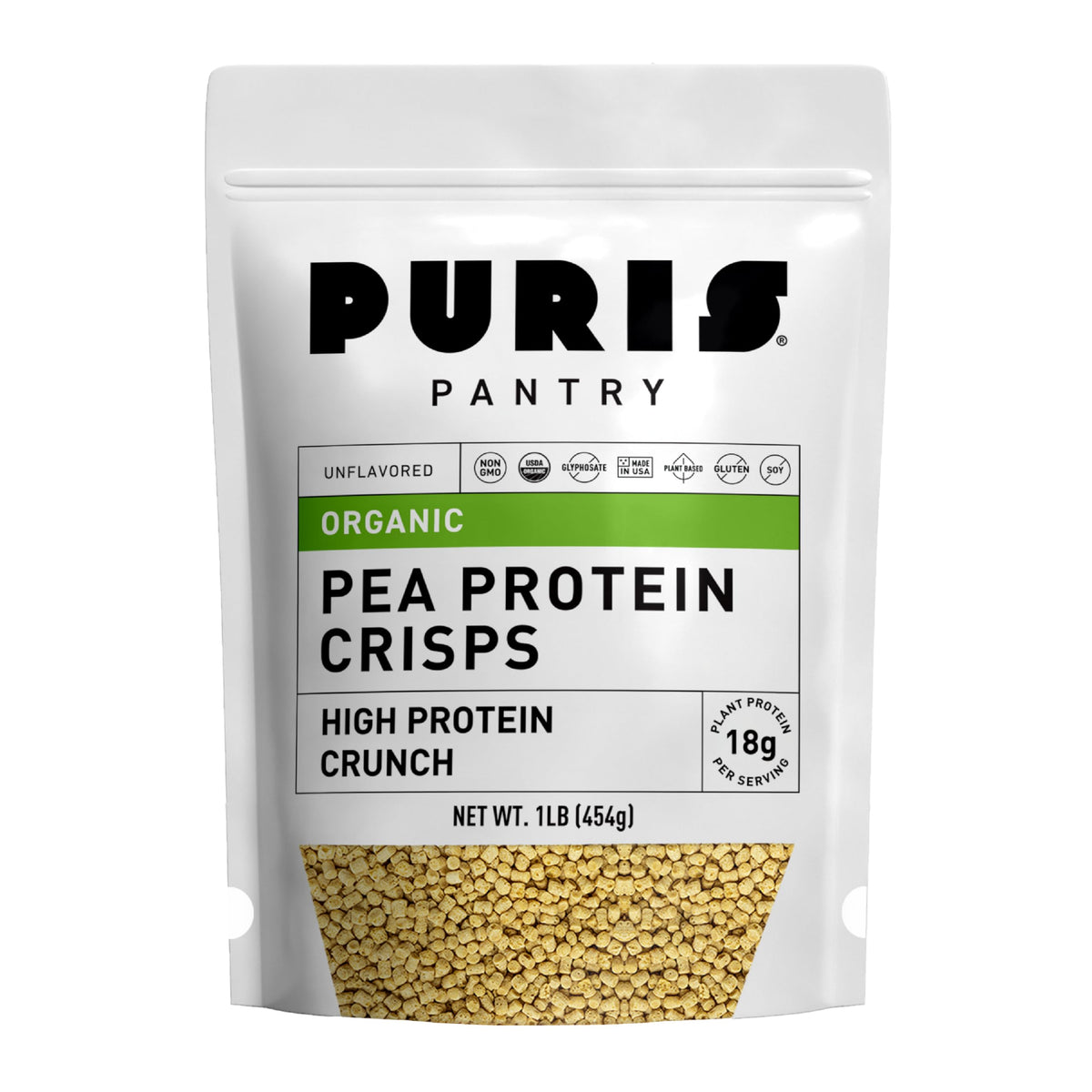 PURIS paquete frontal mostrando crujientes y beneficio proteína alta