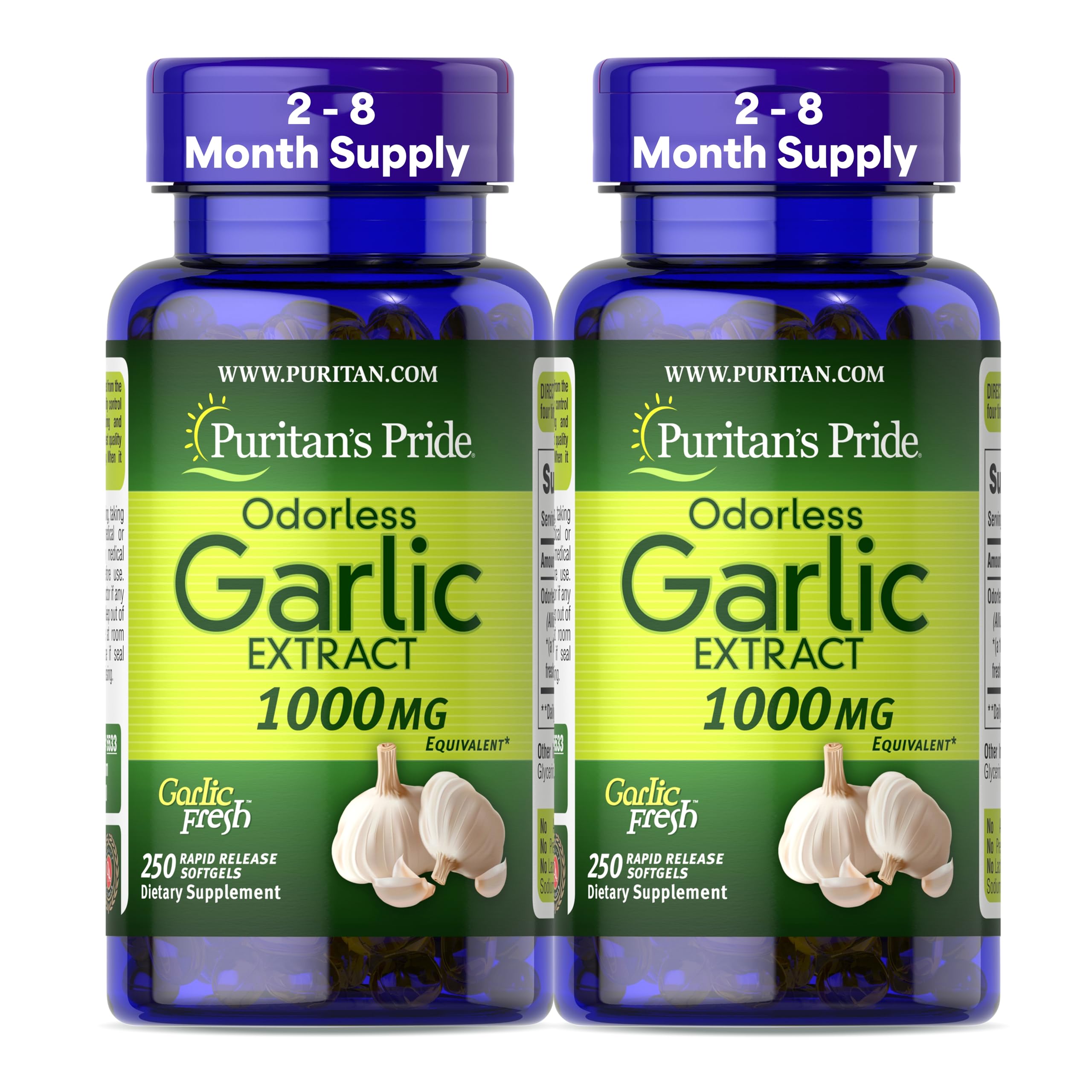 Puritan's Pride frasco frontal mostrando 250 cápsulas y fácil almacenamiento