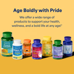 Puritan's Pride frasco abierto mostrando softgels listos para uso diario