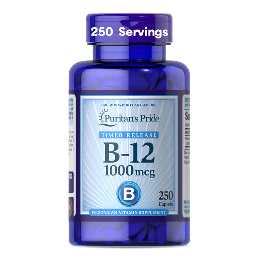 Puritan's Pride frasco frontal de B‑12 1000 mcg con 250 caplets para suministro prolongado
