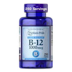 Puritan's Pride frasco frontal de B‑12 1000 mcg con 250 caplets para suministro prolongado