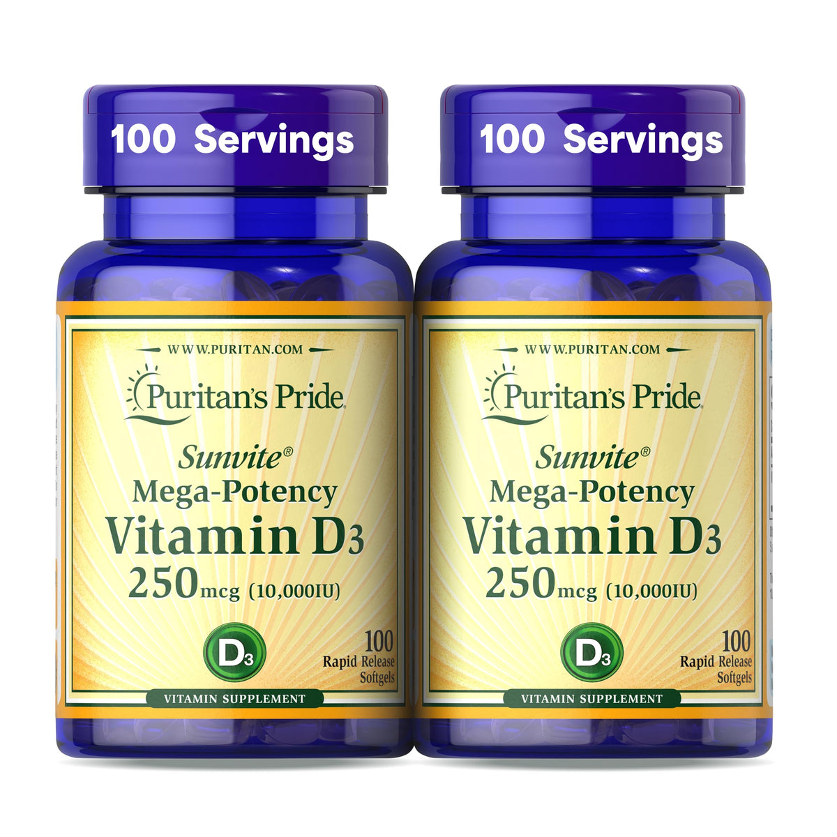 Puritan's Pride frontal del empaque, claridad de dosis y conveniencia
