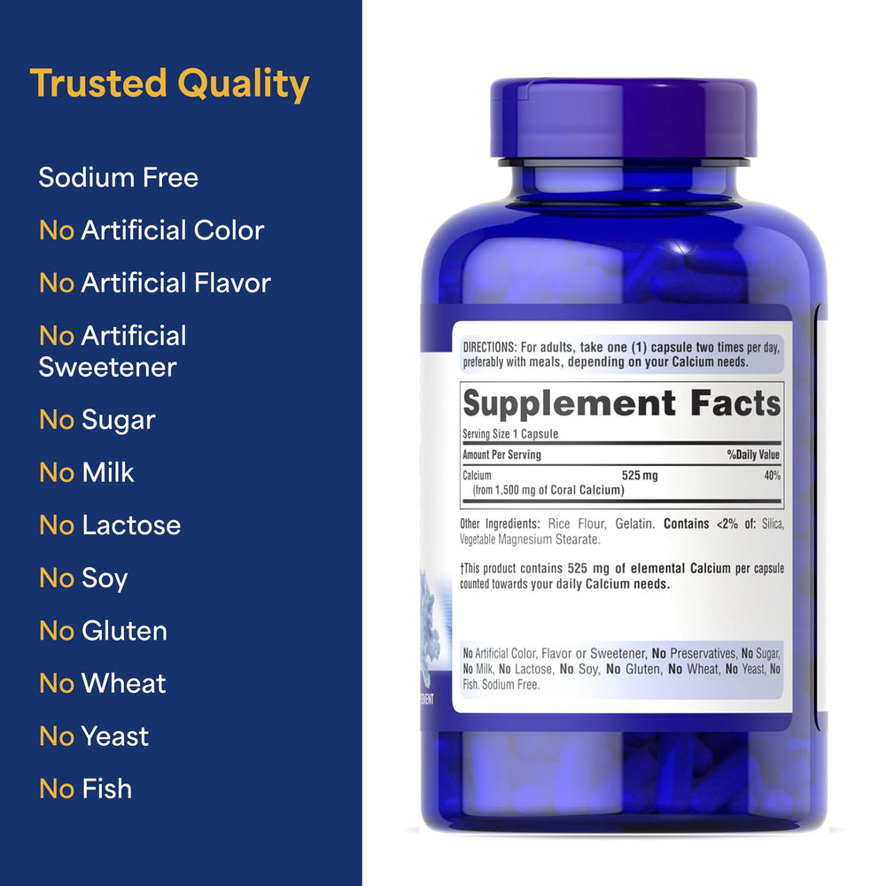 Puritan's Pride etiqueta nutricional destacando calcio elemental por cápsula