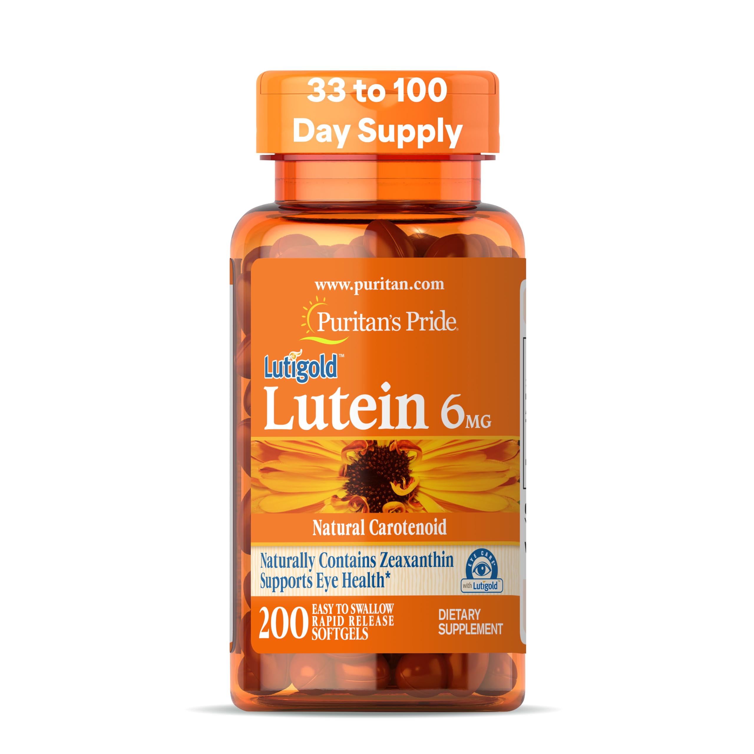 Puritan's Pride frasco frontal mostrando 200 softgels y beneficio conveniencia