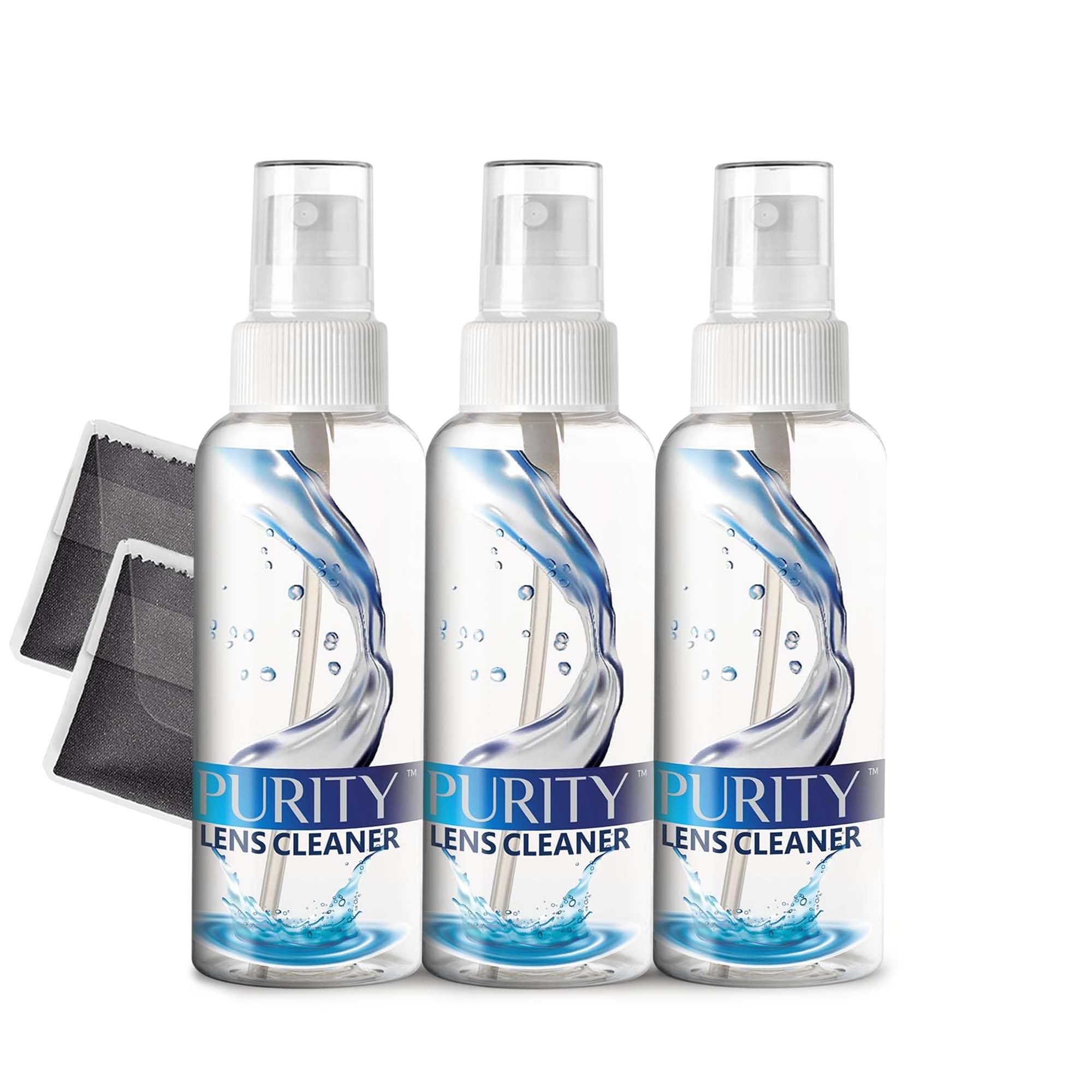 Purity Lens Cleaner frente del kit muestra spray y paños beneficios limpieza rápida