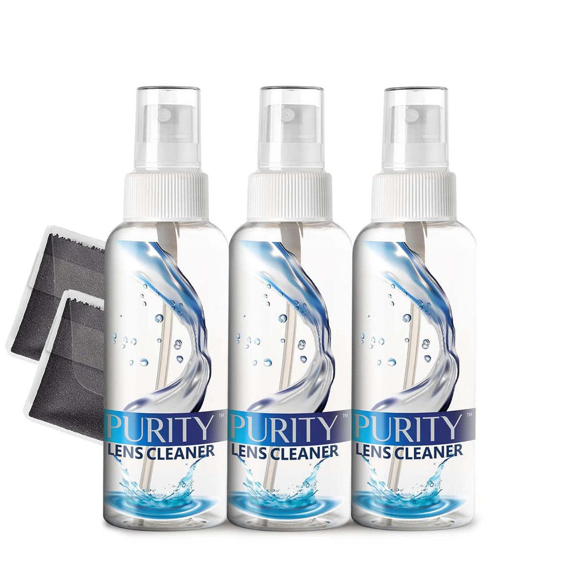 Purity Lens Cleaner frente del kit muestra spray y paños beneficios limpieza rápida