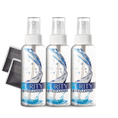 Purity Lens Cleaner frente del kit muestra spray y paños beneficios limpieza rápida