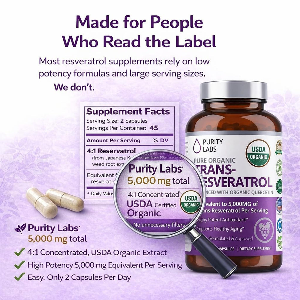 Purity Labs etiqueta nutricional mostrando dosis y detalles limpios