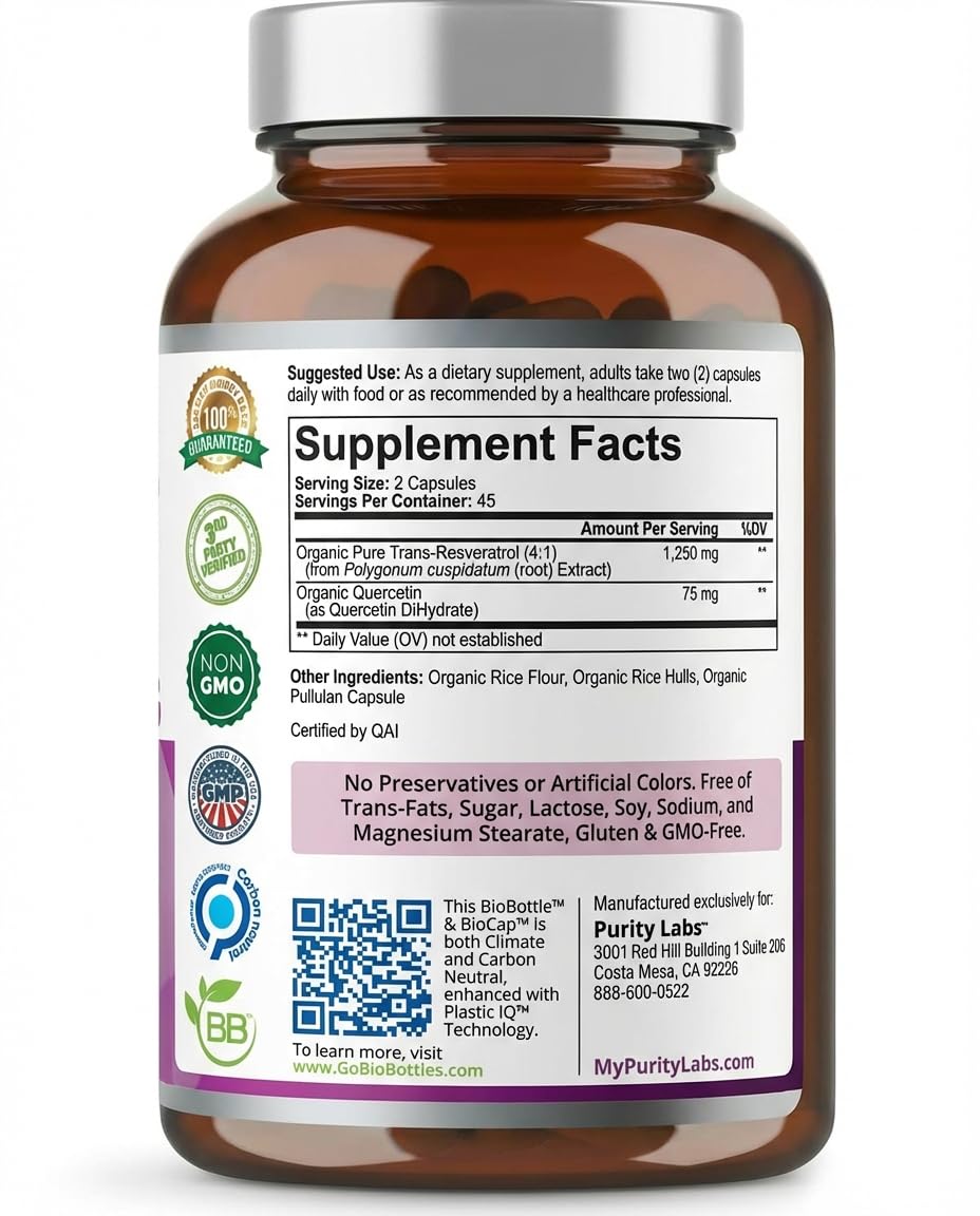 Purity Labs quercetina orgánica en polvo junto al frasco para sinergia