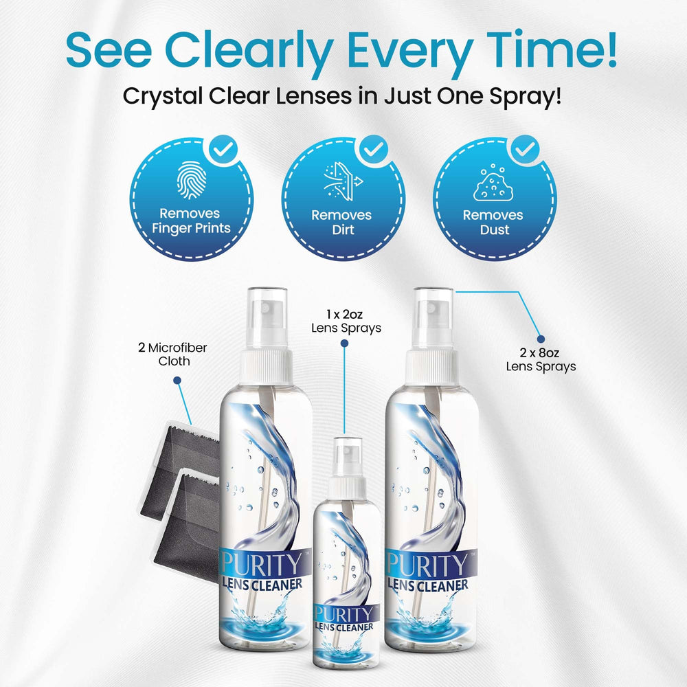 Purity Lens Cleaner aplicando en gafas, elimina huellas eficazmente