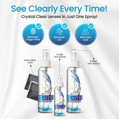 Purity Lens Cleaner aplicando en gafas, elimina huellas eficazmente