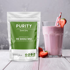 Purity Natural Beauty polvo añadido a batido de frutas, uso versátil diario