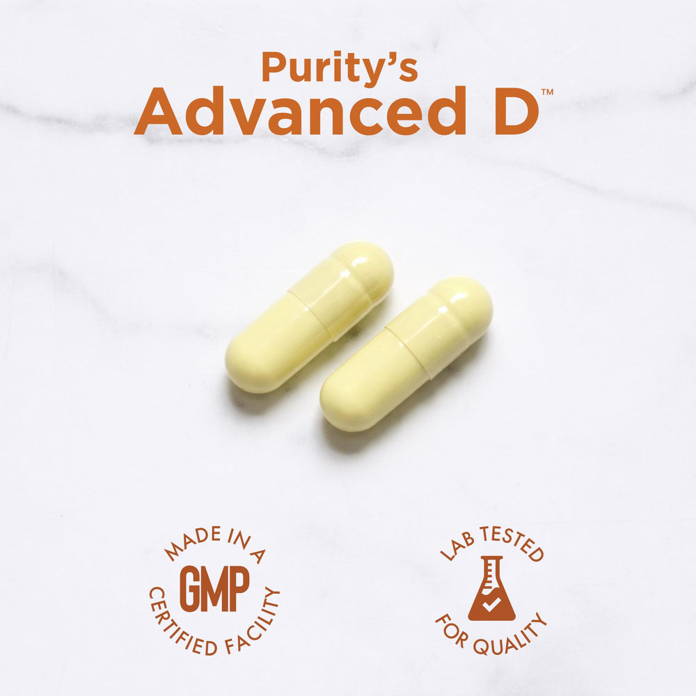 Purity Products Advanced D junto a plato para indicar toma con comida y mejor absorción