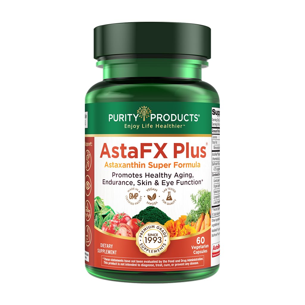 Purity Products AstaFX Plus frontal mostrando el envase y beneficios