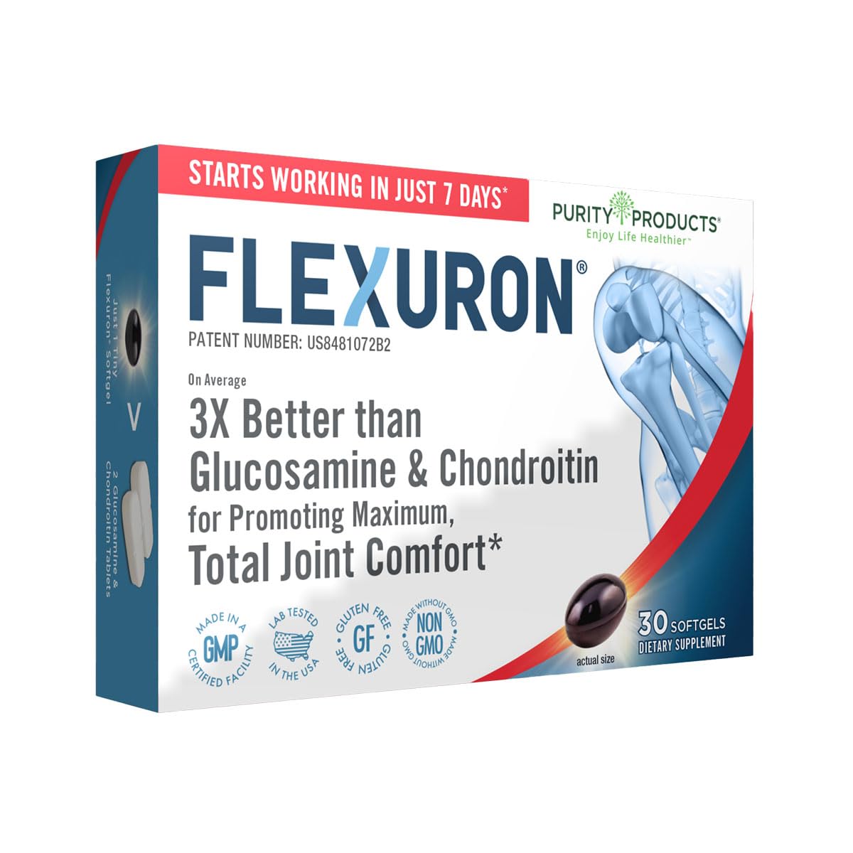 Purity Products Flexuron envase frontal que muestra la fórmula y beneficios visibles