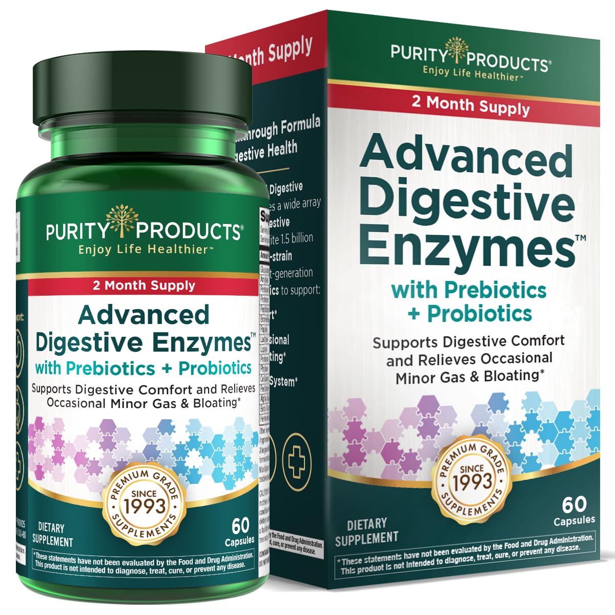 Purity Products envase frontal mostrando 60 cápsulas para apoyo digestivo