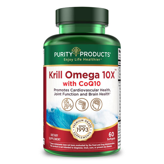 Purity Products Krill Omega 10X en botella, posible apoyo para la salud cardiovascular.