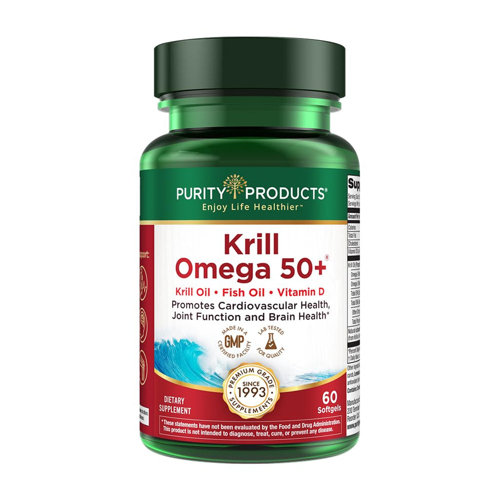 Purity Products Krill Omega 50 frente del envase mostrando etiqueta y beneficios principales