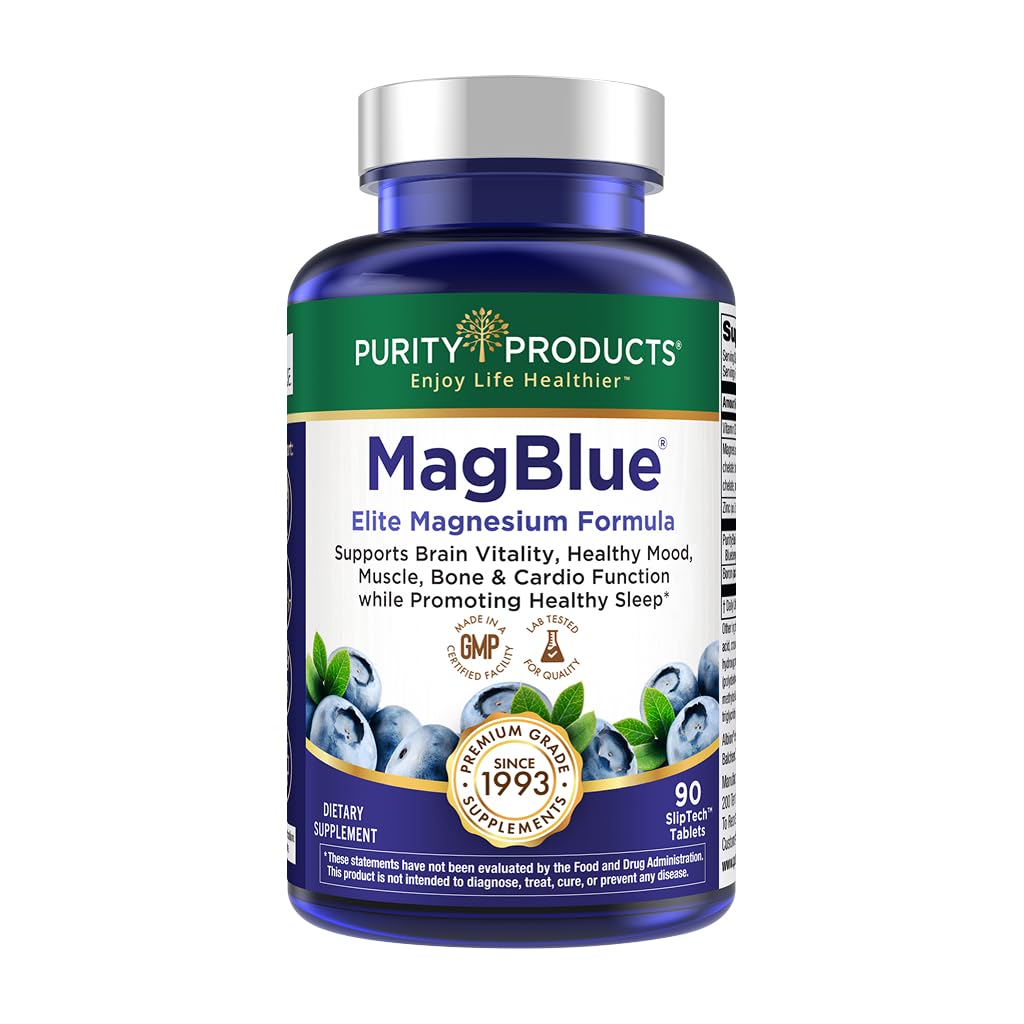 Purity Products envase MagBlue frontal que muestra la fórmula completa y beneficio de sueño