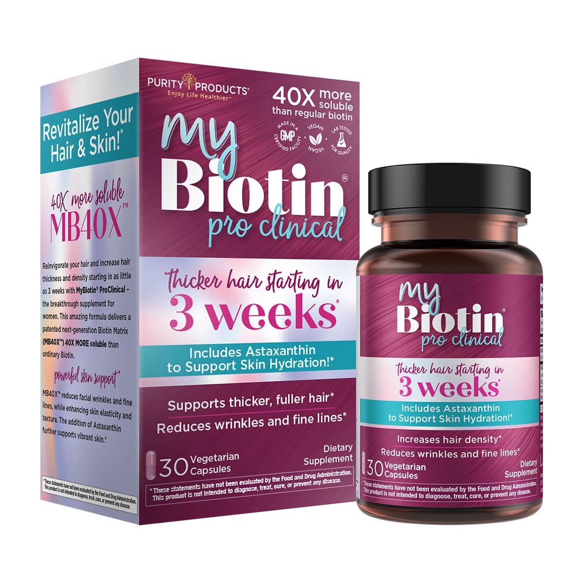 Purity Products MyBiotin ProClinical frasco frontal mostrando cápsulas, confianza y calidad