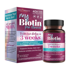 Purity Products MyBiotin ProClinical frasco frontal mostrando cápsulas, confianza y calidad