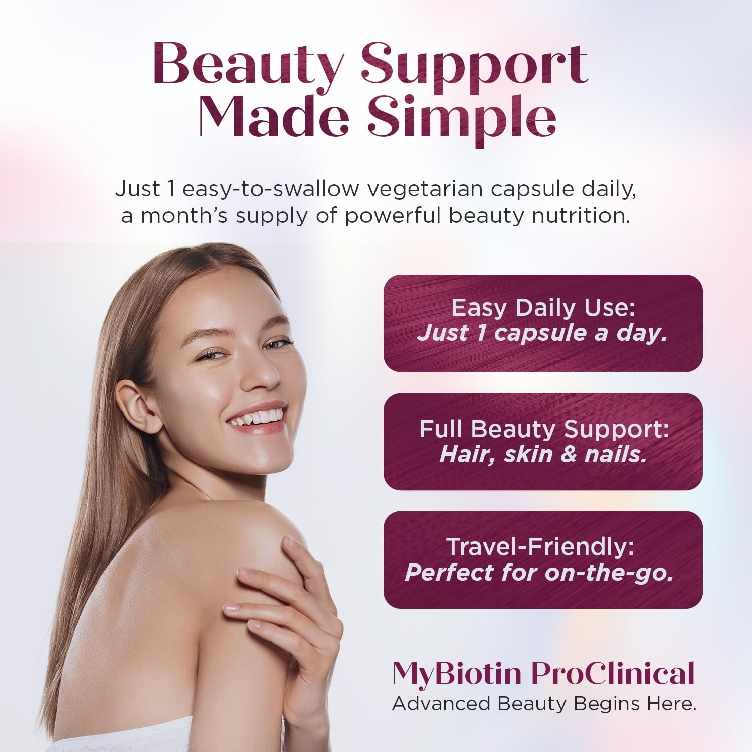 Purity Products mujer arreglando su cabello para mostrar mayor densidad aparente