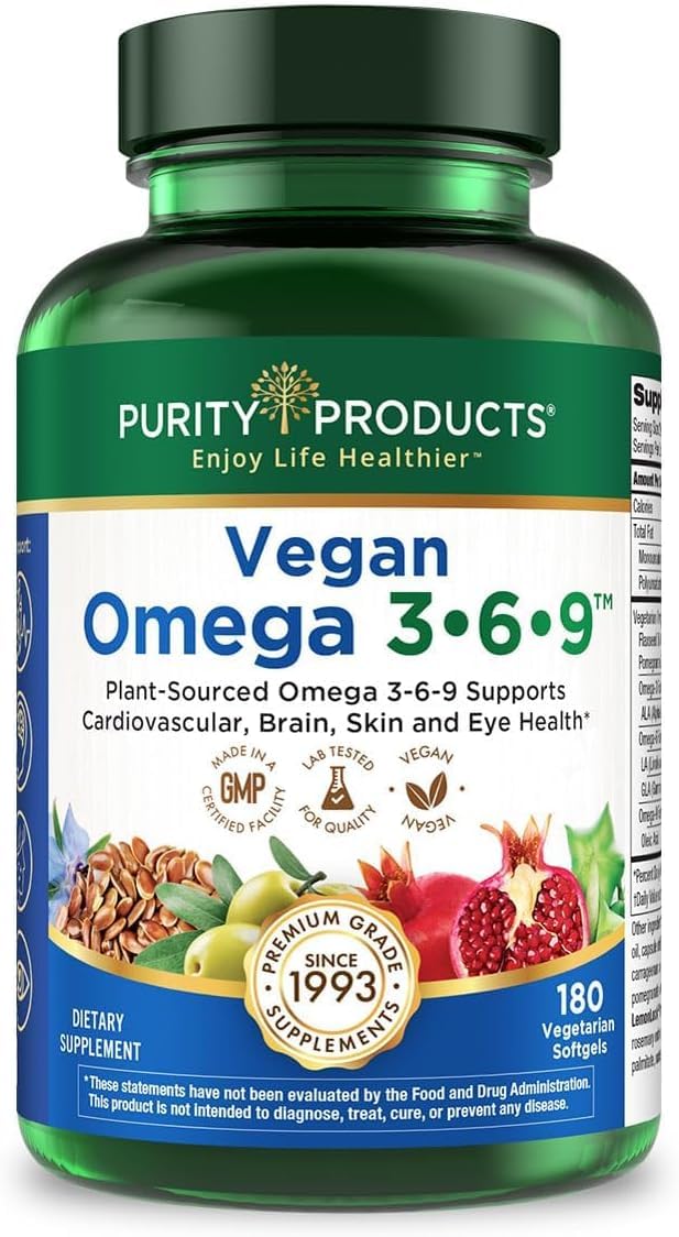 Purity Products botella frontal del suplemento omega 3 6 9, opción vegana y clara
