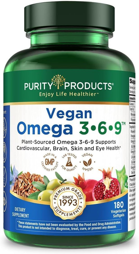 Purity Products botella frontal del suplemento omega 3 6 9, opción vegana y clara