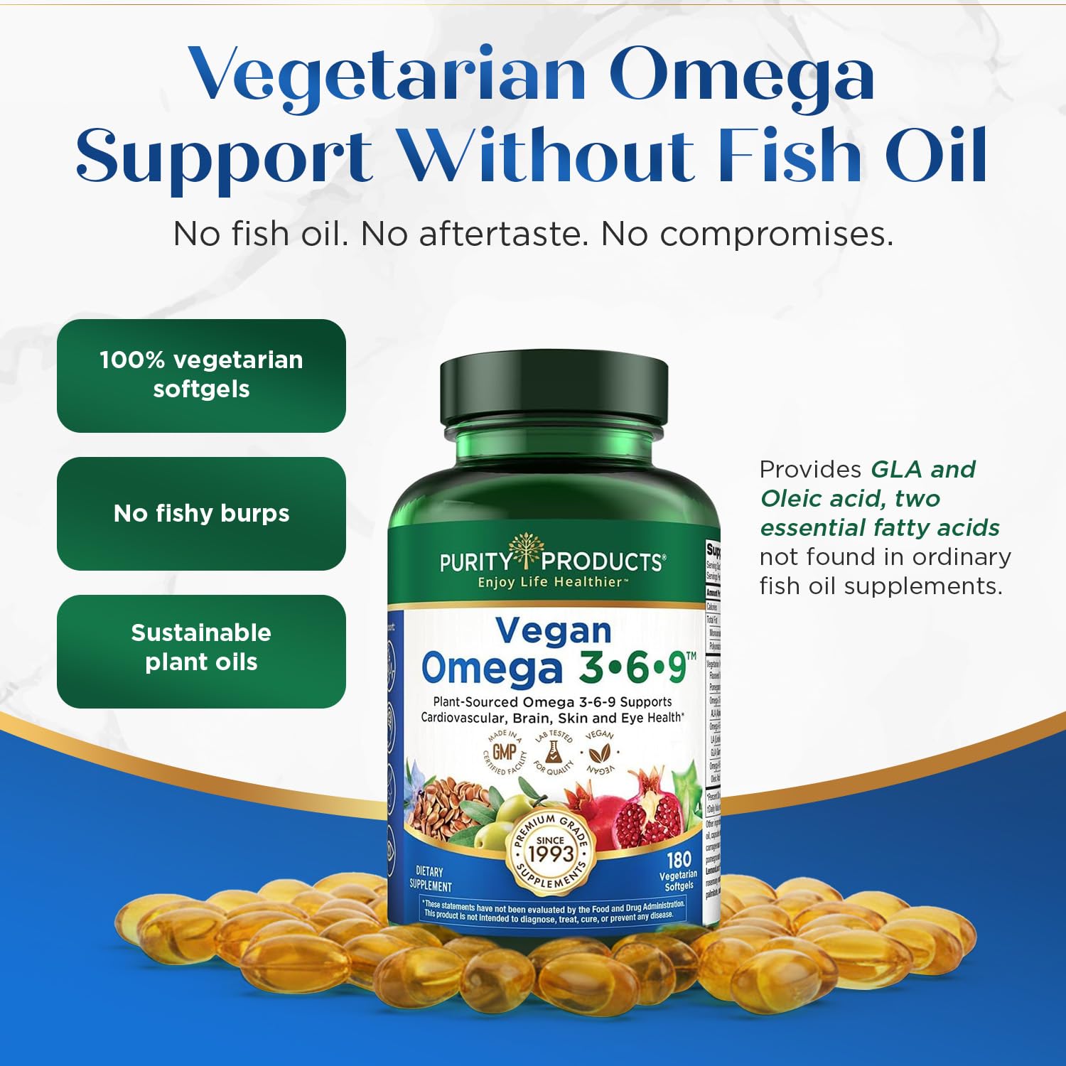 Etiqueta nutricional de Purity Products Vegan Omega 3 6 9 con detalles de dosificación