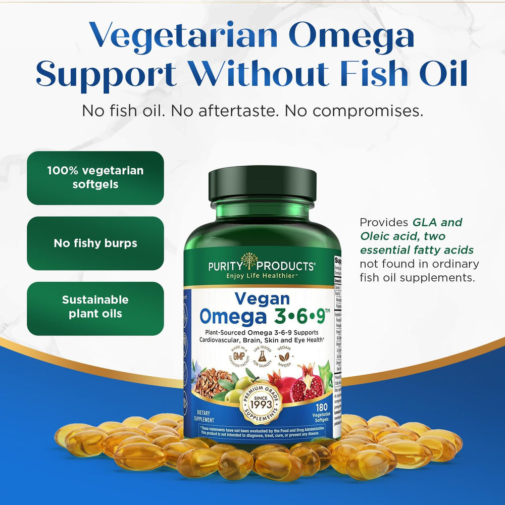 Etiqueta nutricional de Purity Products Vegan Omega 3 6 9 con detalles de dosificación