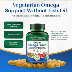 Etiqueta nutricional de Purity Products Vegan Omega 3 6 9 con detalles de dosificación
