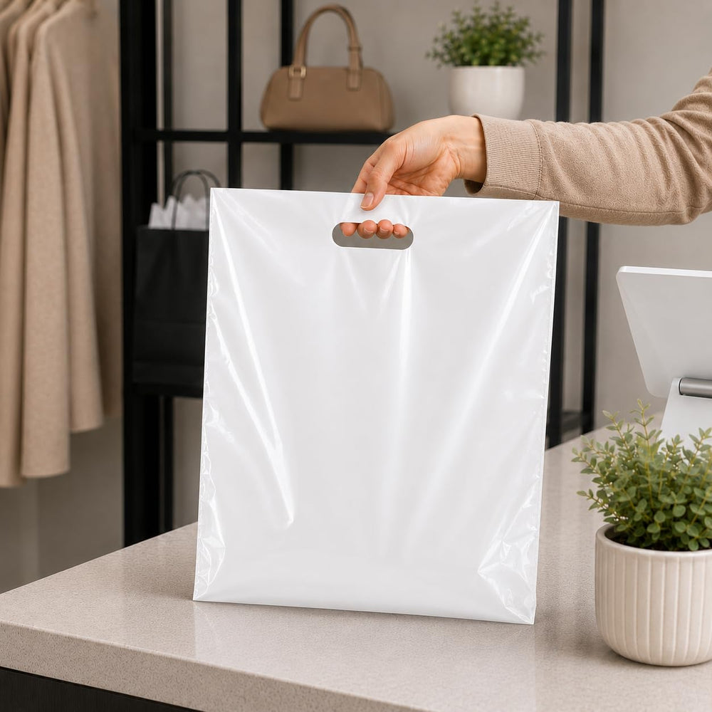 Purple Q Crafts bolsa en uso en mostrador, facilita transporte de compras