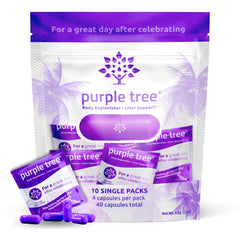 Purple Tree vista del frente del empaque mostrando el diseño y beneficios rápidos