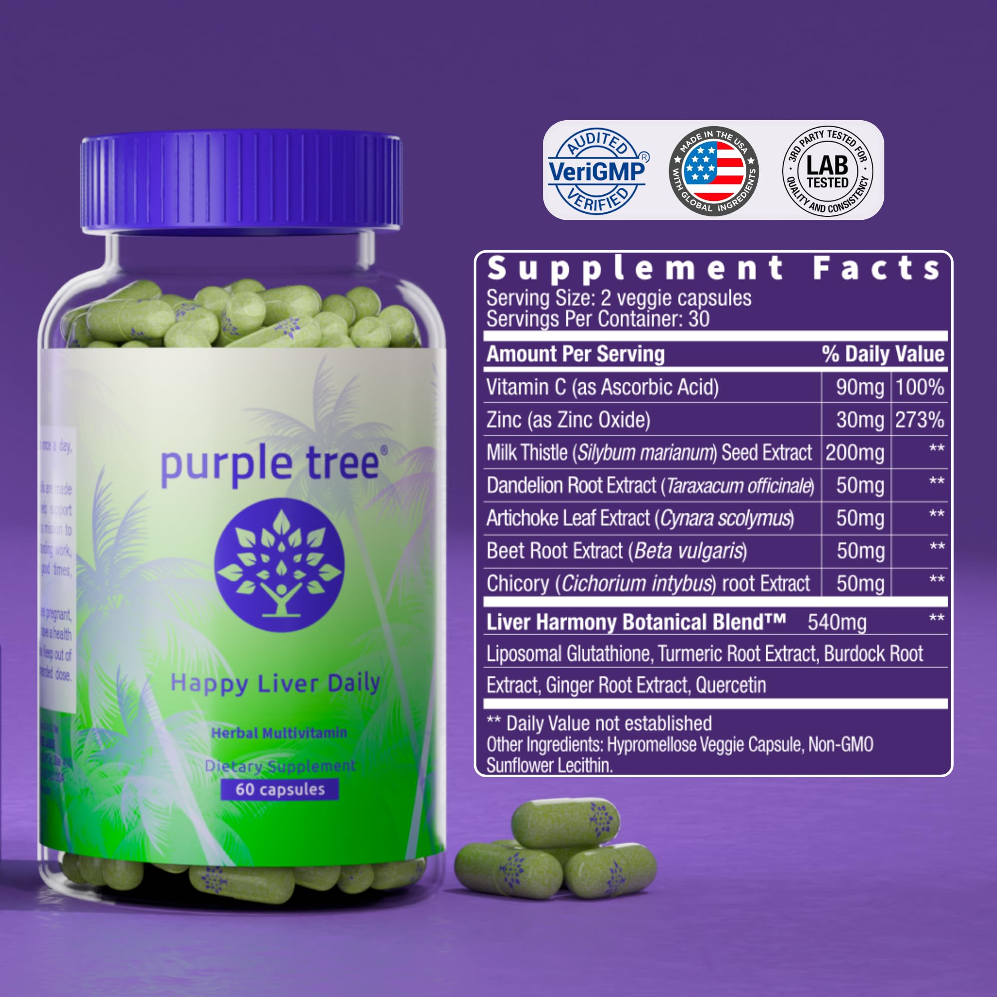 Purple Tree suplemento junto a un vaso de agua en cocina, rutina diaria