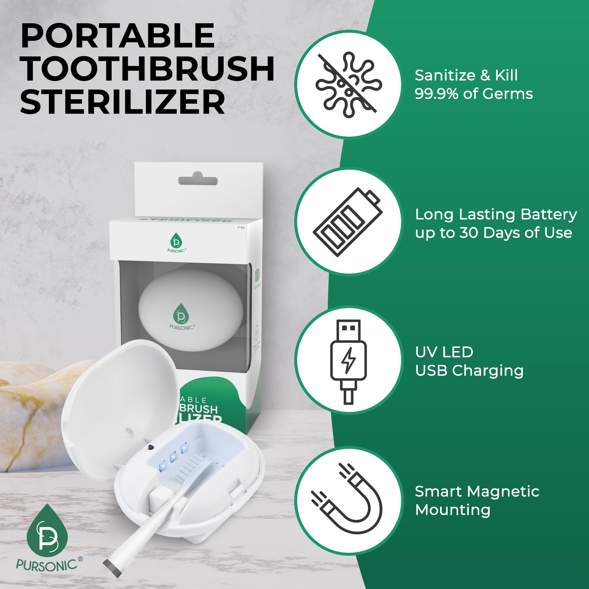 Pursonic junto a un cepillo para comparar tamaño y almacenamiento práctico