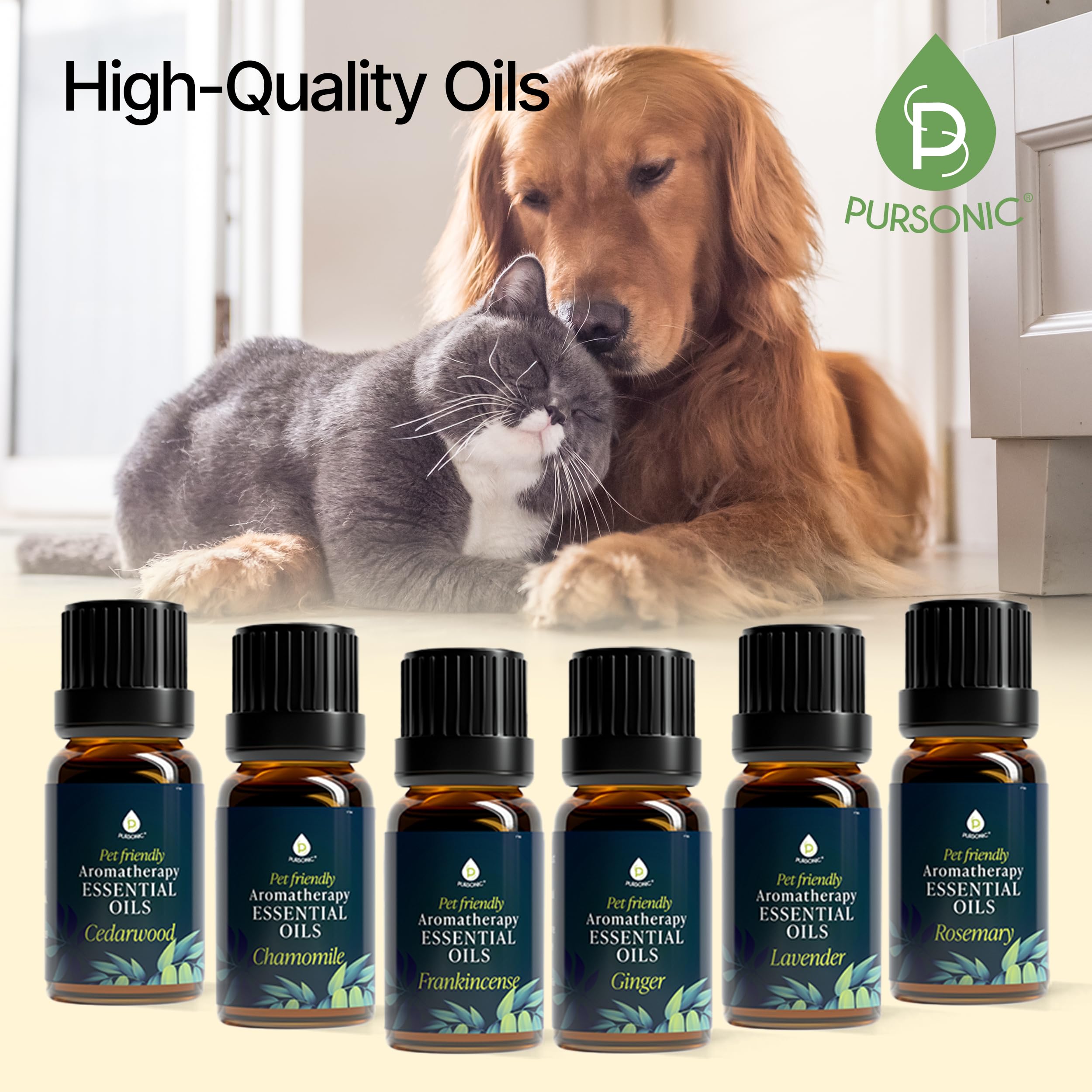 Pursonic en difusor junto a perro relajado, ambiente calmante