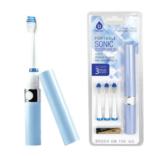 Pursonic vista frontal del cepillo azul con pila incluida, limpieza portátil