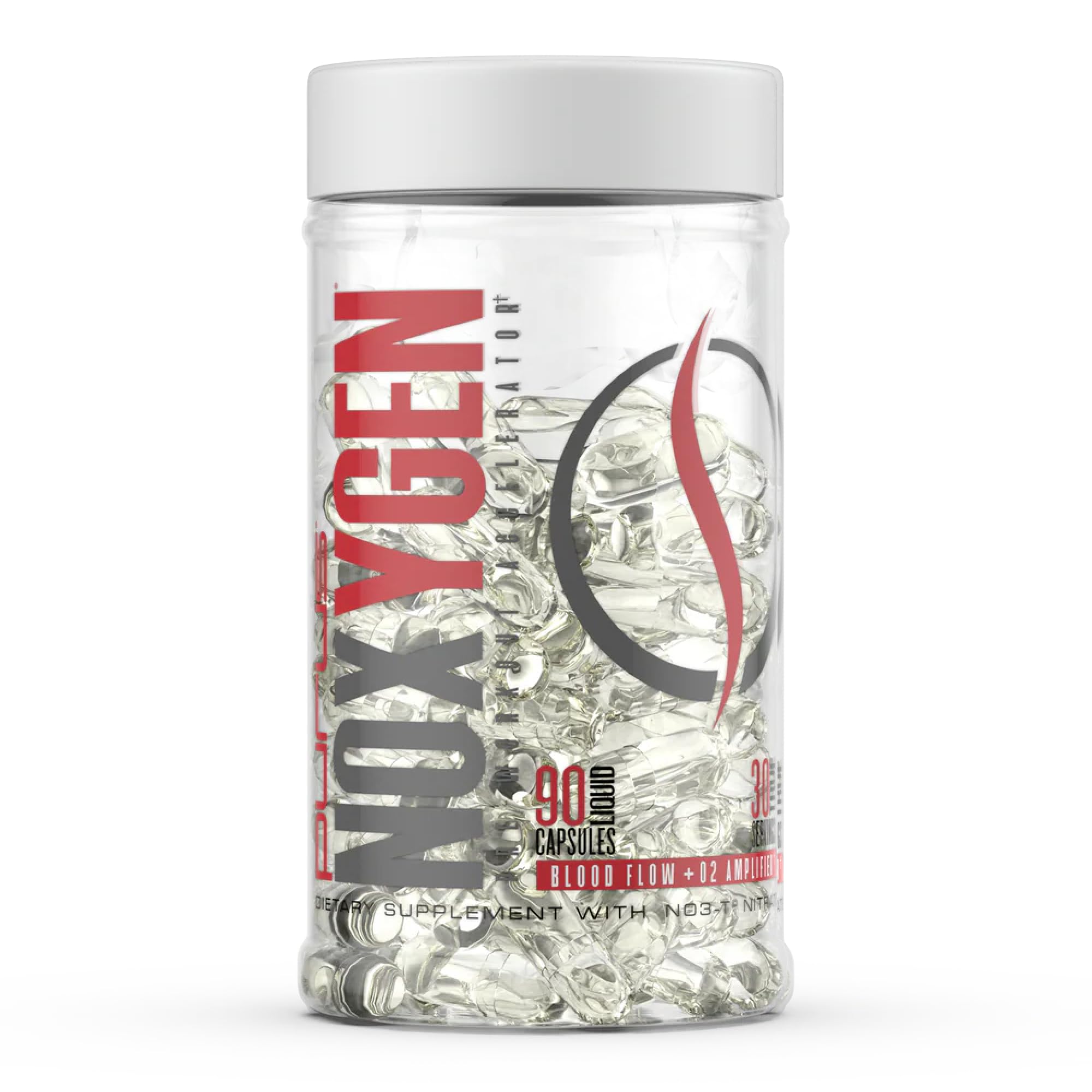 Purus Labs NOXygen frontal del envase mostrando 90 cápsulas y beneficio de pump