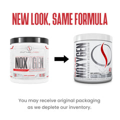 Purus Labs NOXygen junto a mancuernas mostrando escala y porciones
