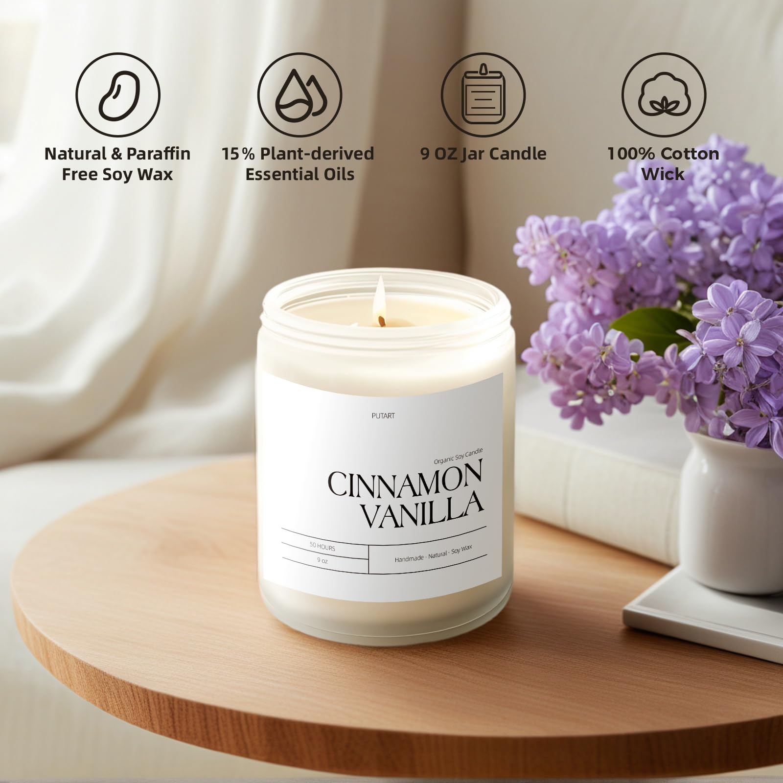 Putart vela encendida en salón creando ambiente cálido y relajante