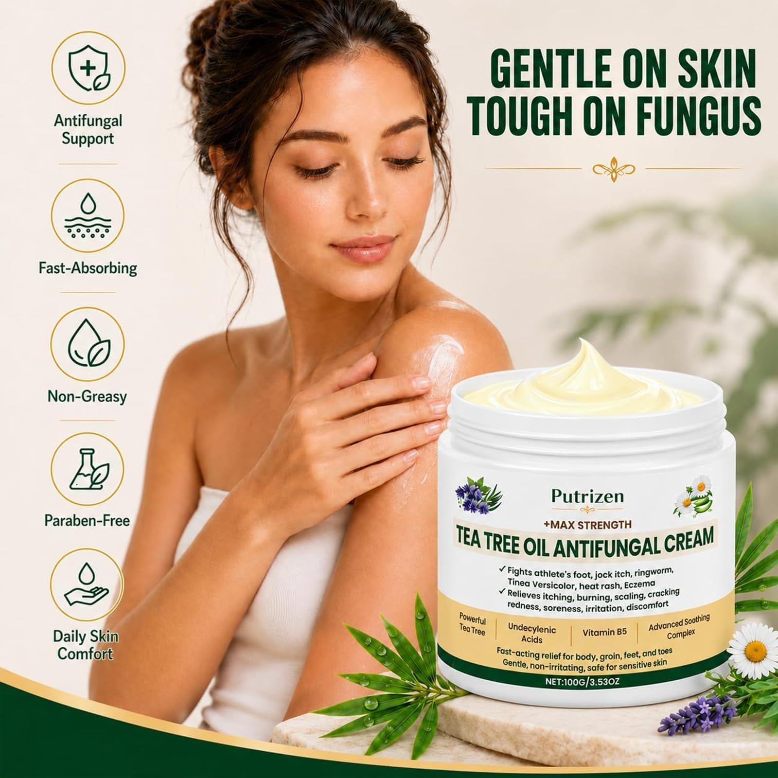 PUTRIZEN tamaño 3.52 oz junto a objetos para referencia de escala
