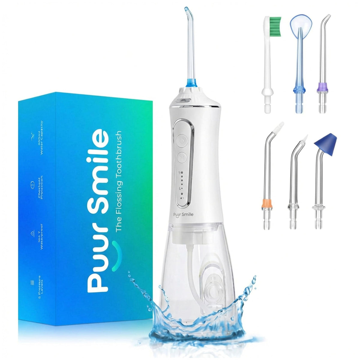Puur Smile frontal del irrigador mostrando diseño y beneficios de limpieza