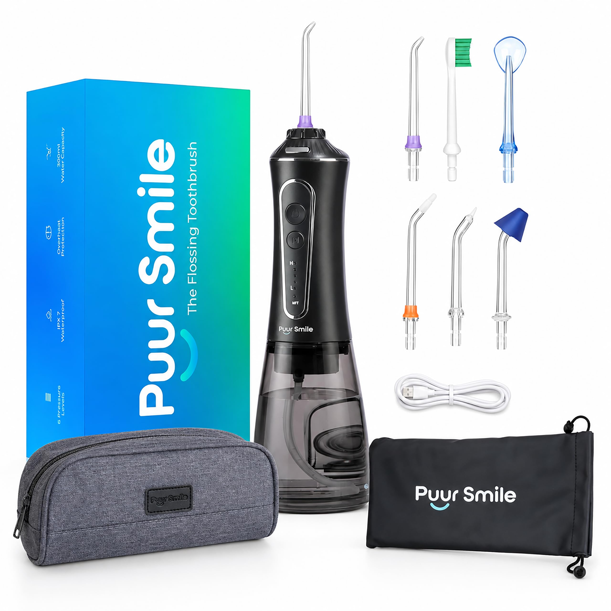 Puur Smile frontal del irrigador mostrando diseño compacto y beneficios de limpieza