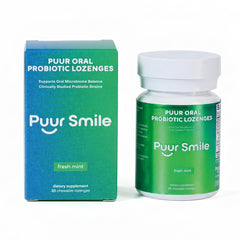 Puur Smile empaque frontal mostrando 30 pastillas y beneficios visibles