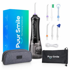Puur Smile frontal del irrigador mostrando diseño compacto y beneficios de limpieza