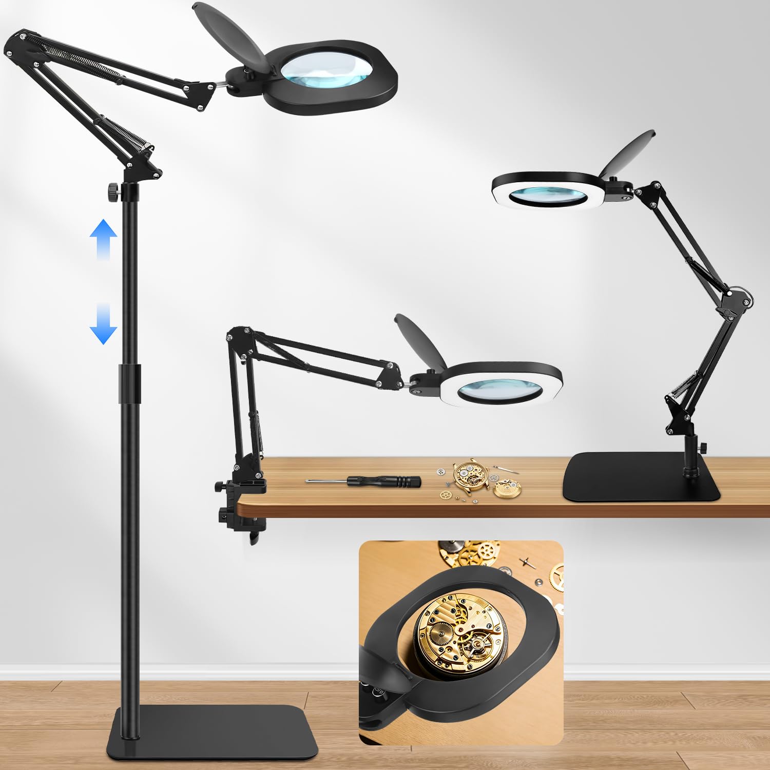 pvqKing vista frontal de la lámpara lupa con luz y brazo articulado, mejora la precisión