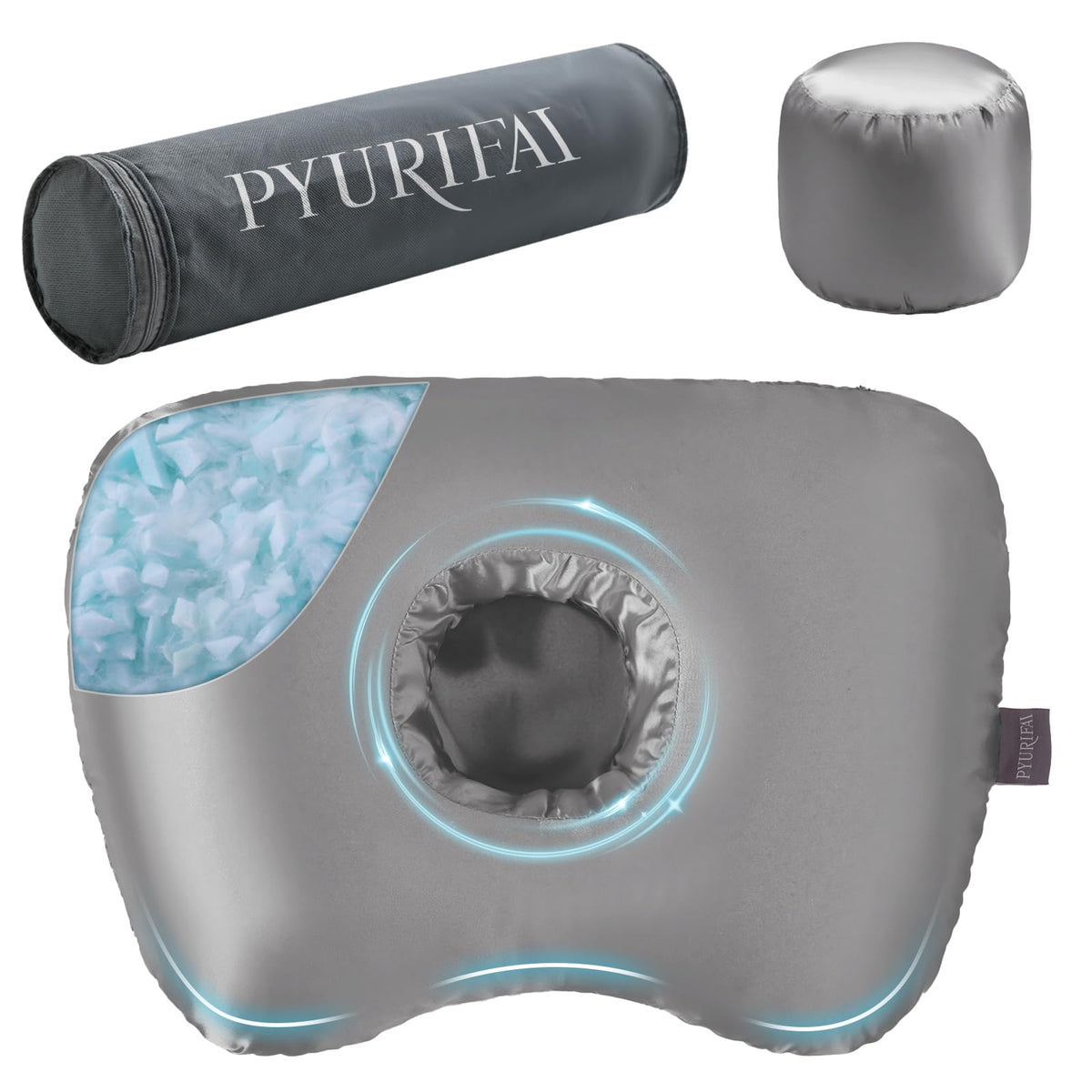 PYURIFAI almohada frontal empaquetada mostrando forma de dona y protección