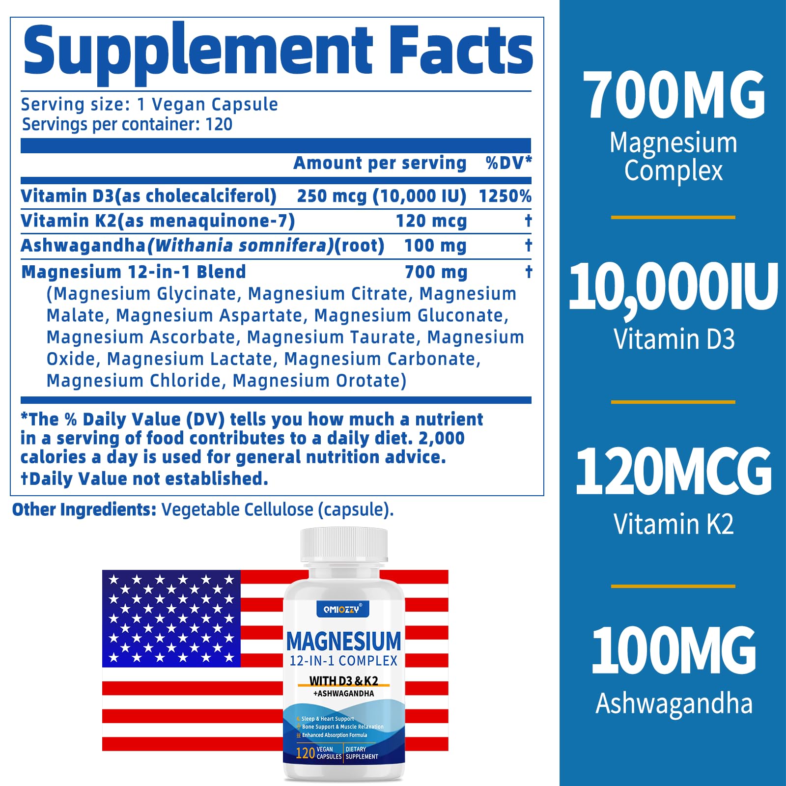 Qmiozzy etiqueta nutricional legible con dosis y vitaminas D3 K2 claras