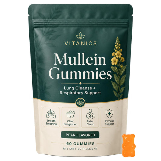 QNJIX - envase frontal de Vitanics Mullein Gummies mostrando 60 gomitas